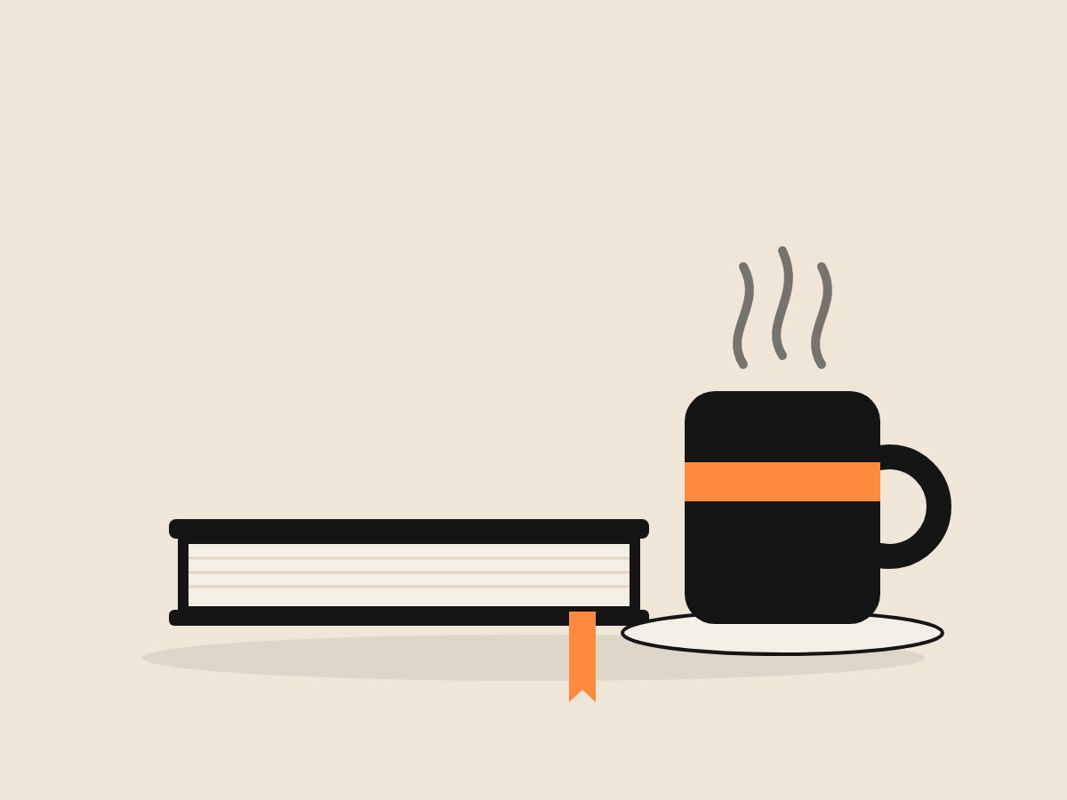 Libro junto a una taza negra humeante